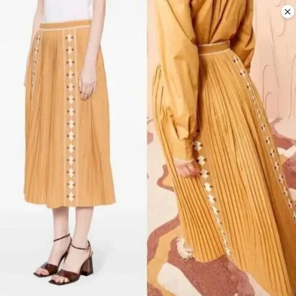 NWOT Resort 2024 ULLA JOHNSON Sabina Embroidered Midi Skirt in Pampas XS $450